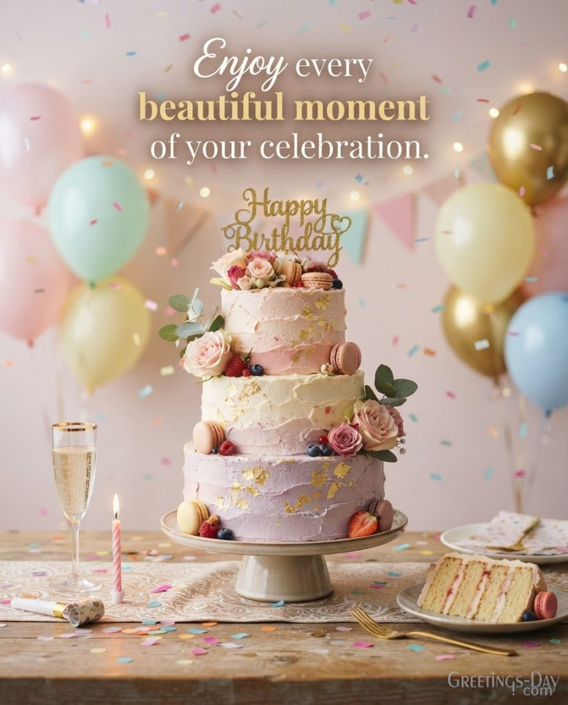 Free Birthday Wishes card with festive birthday cake and confetti saying 