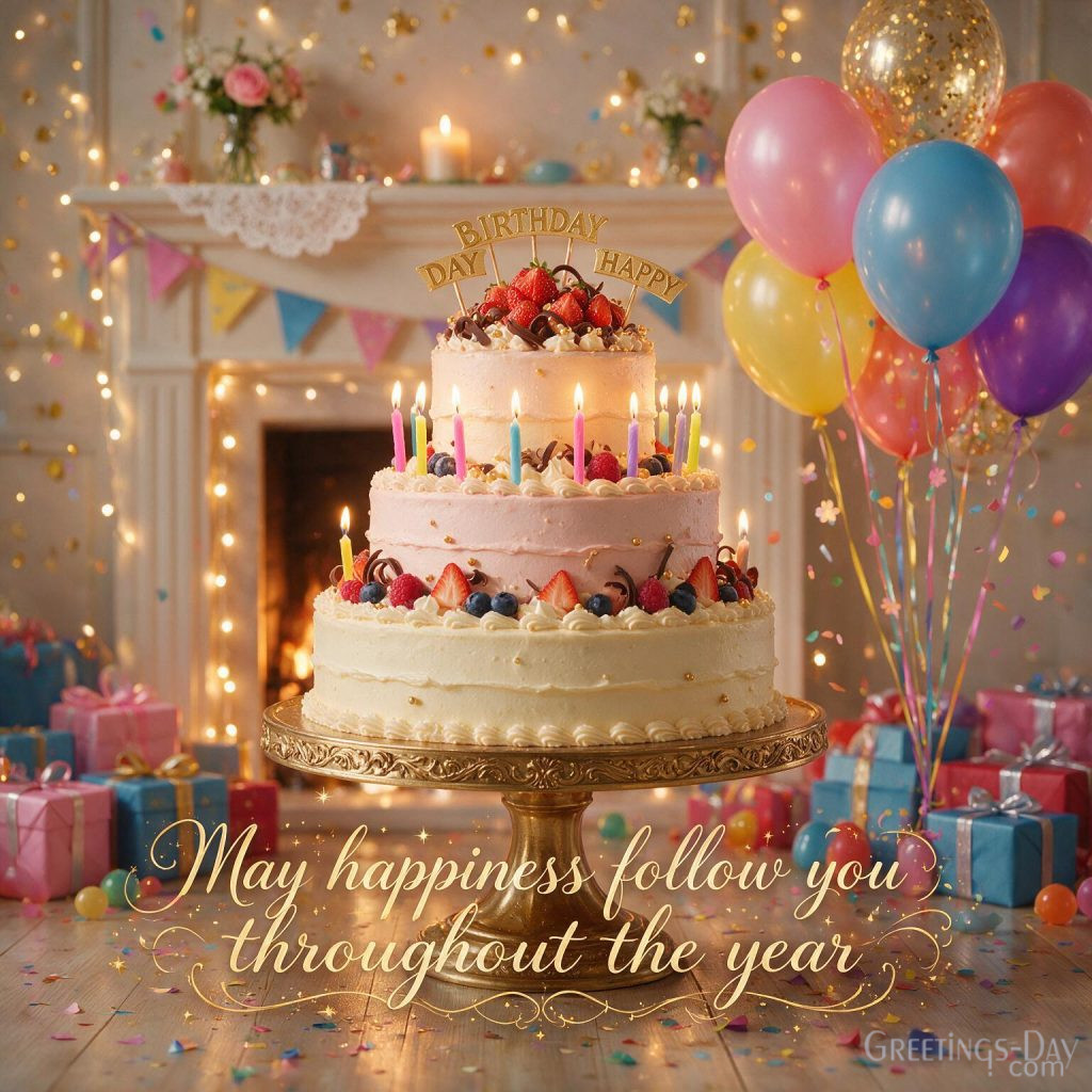 Beautiful Happy Birthday card with birthday cake and party decorations saying 