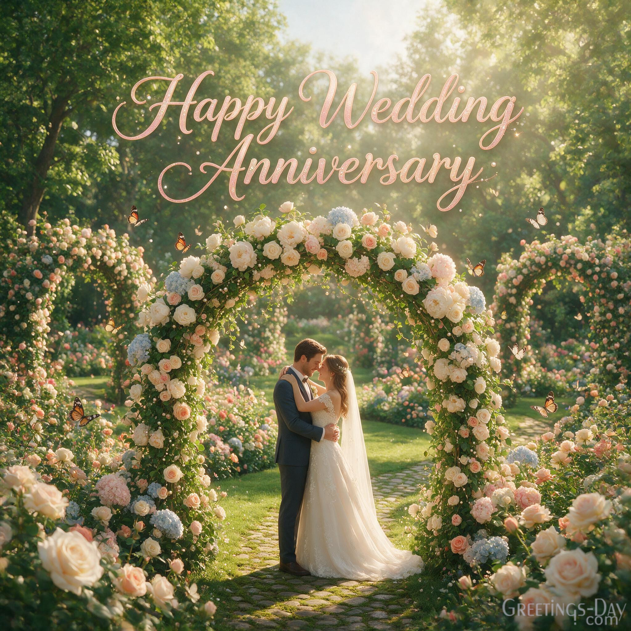 Elegant Marriage Anniversary Image featuring flowers and Together Through Every Season romantic wedding anniversary wish