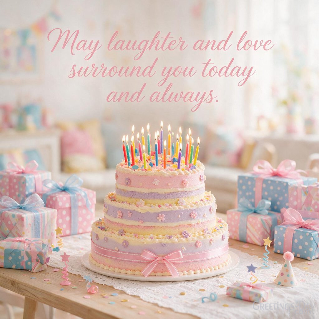 Beautiful Happy Birthday greeting card with birthday cake and gifts displaying