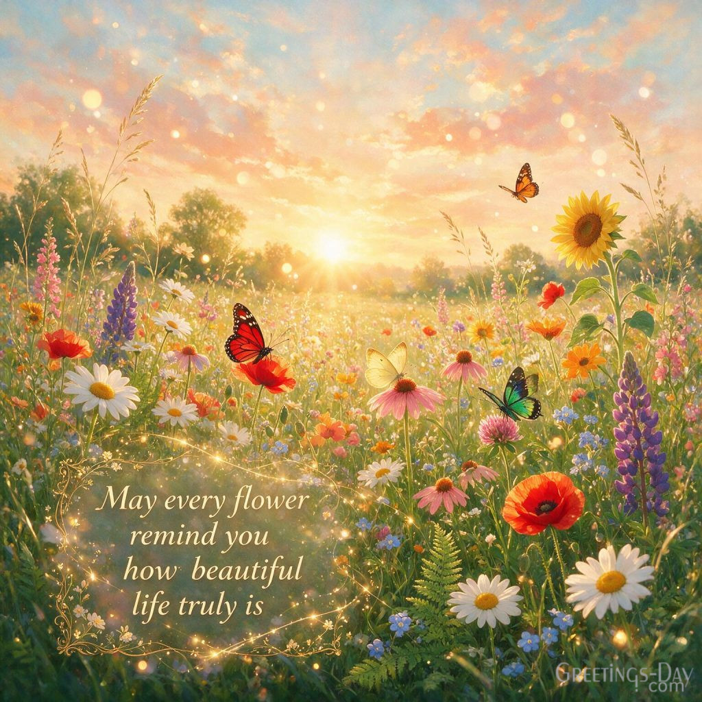 Happy Birthday Wishes card with blooming wildflowers and butterflies featuring 