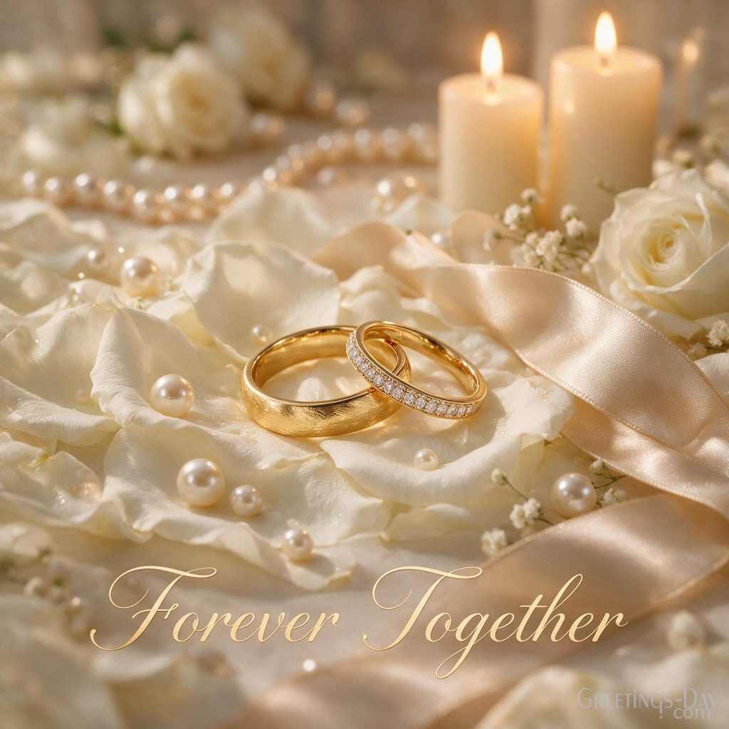 Luxury Wedding Anniversary Image with gold wedding rings and white roses featuring Forever Together greeting