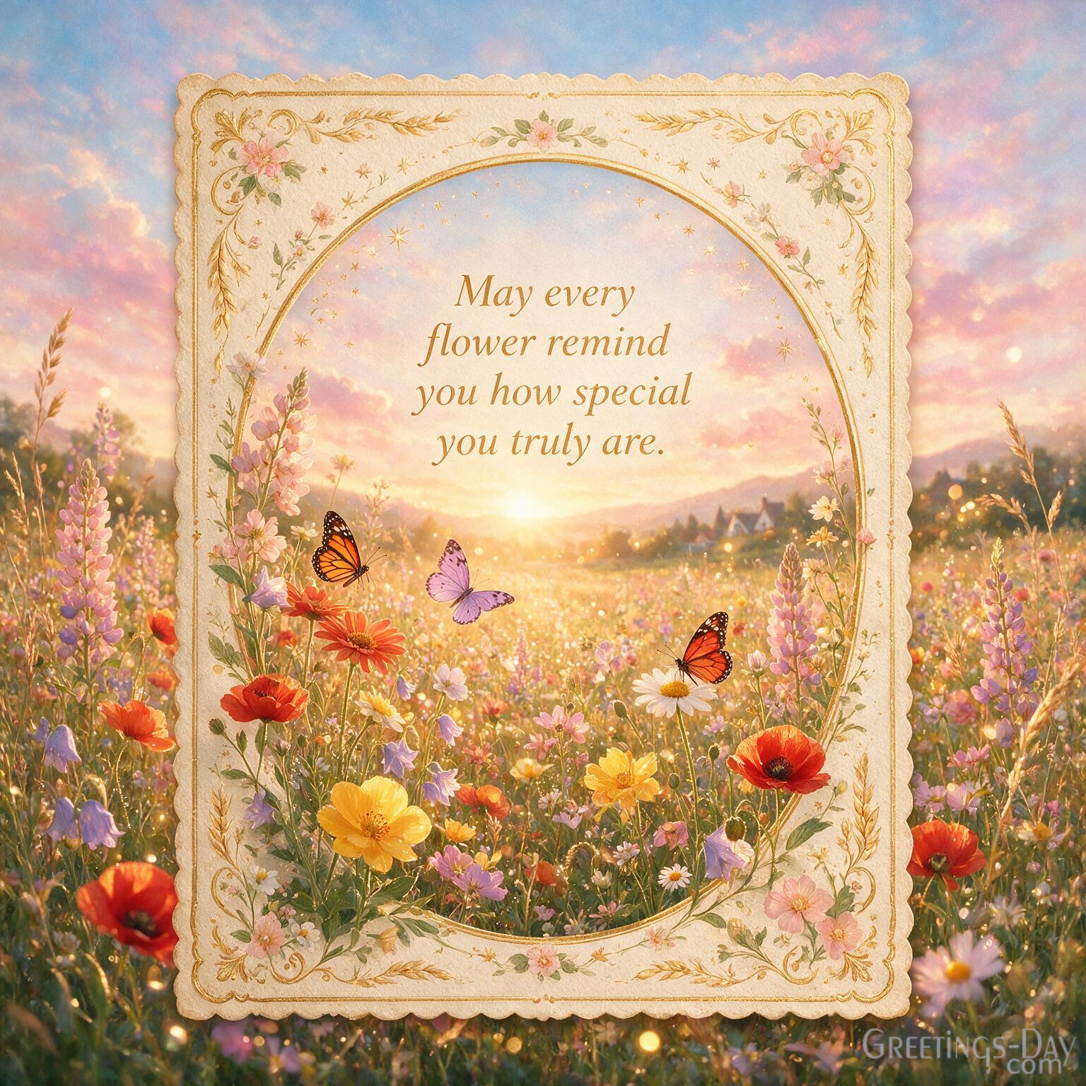 Elegant Birthday card with blooming wildflowers and butterflies featuring "Happy Birthday. May every flower remind you how special you truly are."