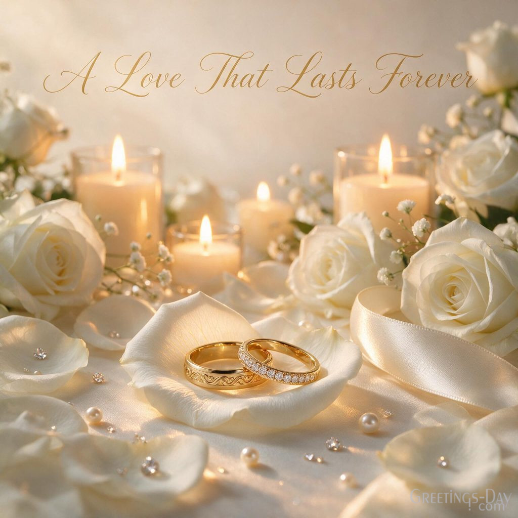 Romantic Wedding Anniversary Picture with wedding rings and A Love That Lasts Forever anniversary greeting