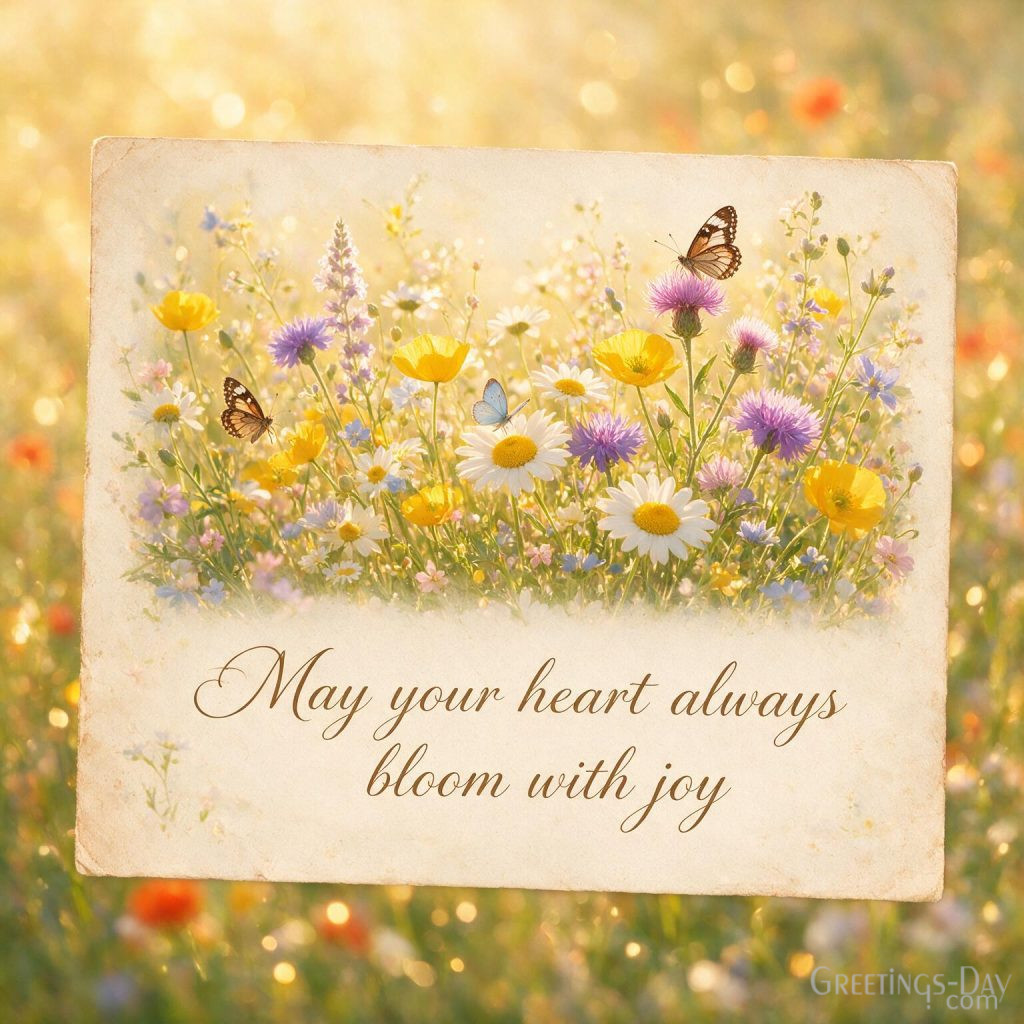 Floral Happy Birthday image with colorful wildflowers and butterflies saying 