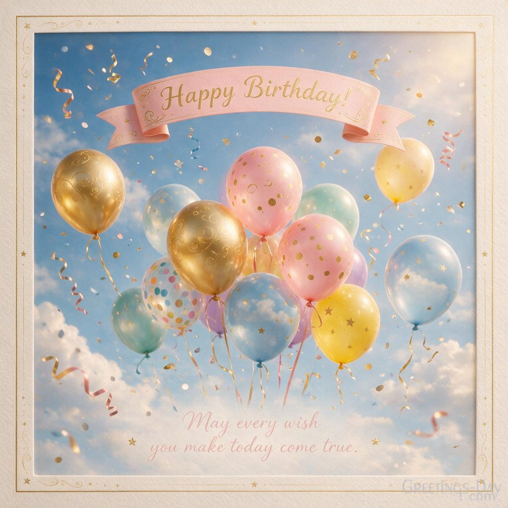 Bright Birthday greeting card with floating balloons and ribbons displaying 