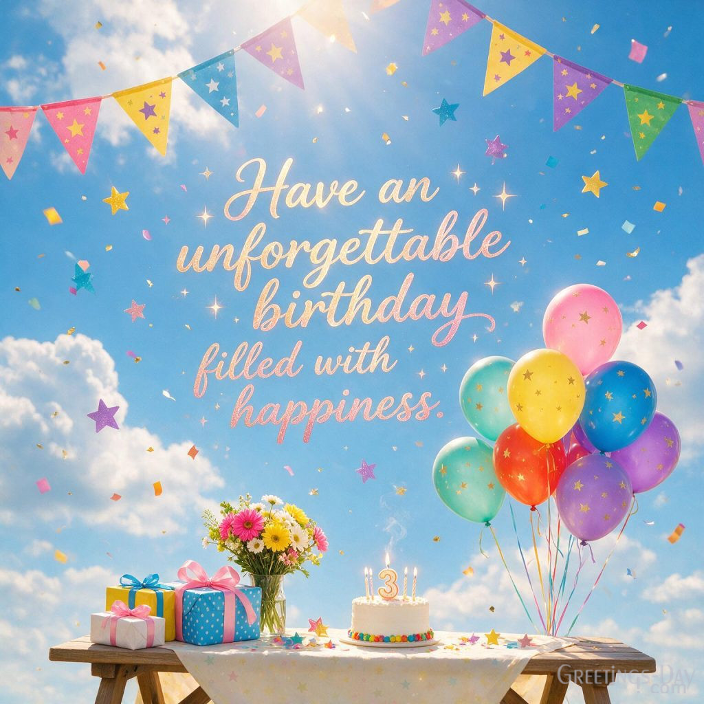 Cheerful Happy Birthday card with balloons and party decorations saying 