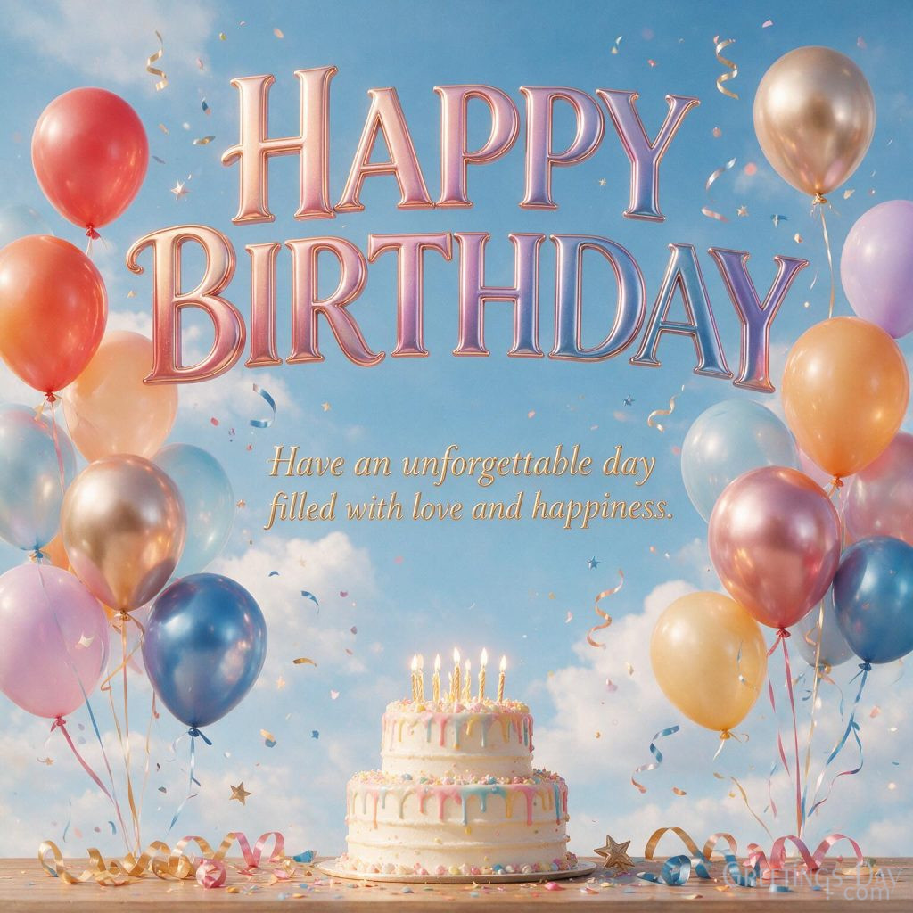 Festive Happy Birthday card with balloons, stars and confetti saying 