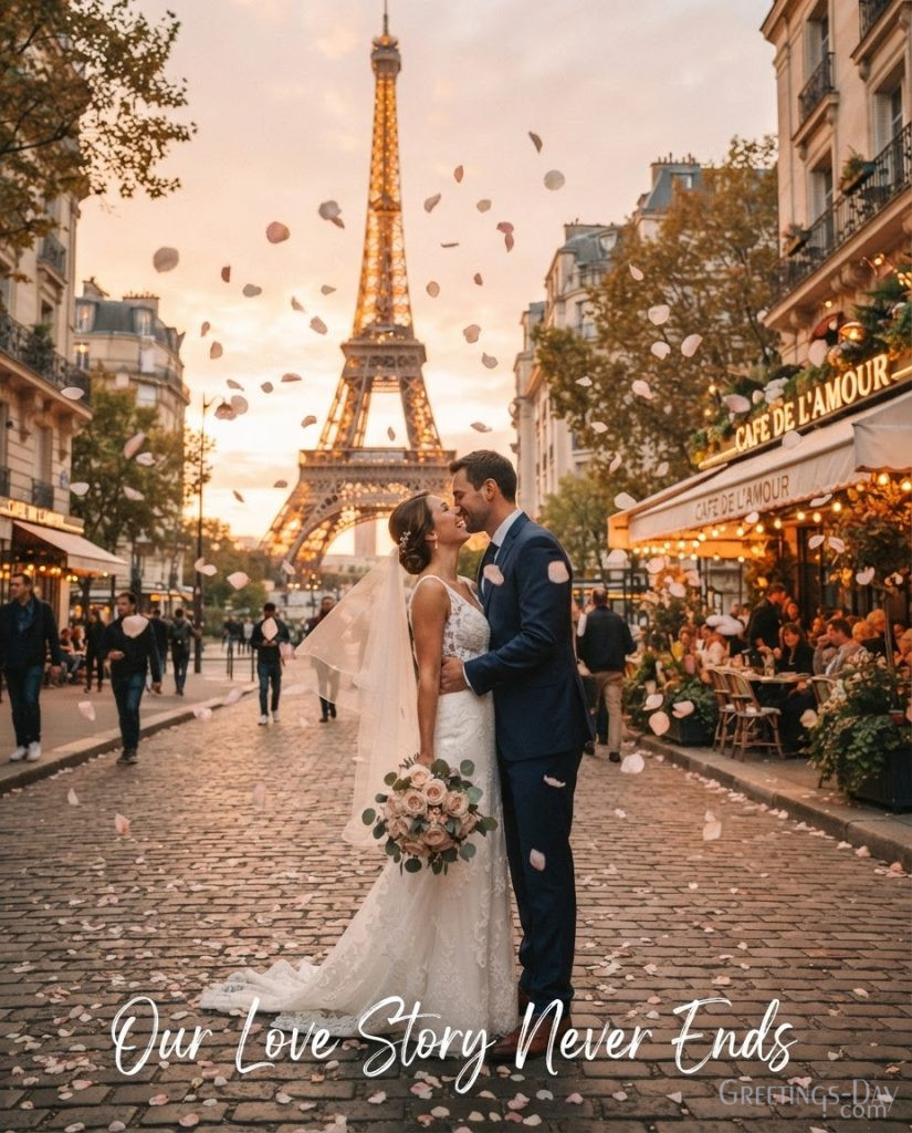 Romantic Wedding Anniversary Images featuring the Eiffel Tower and Happy Wedding Anniversary, My Love greeting