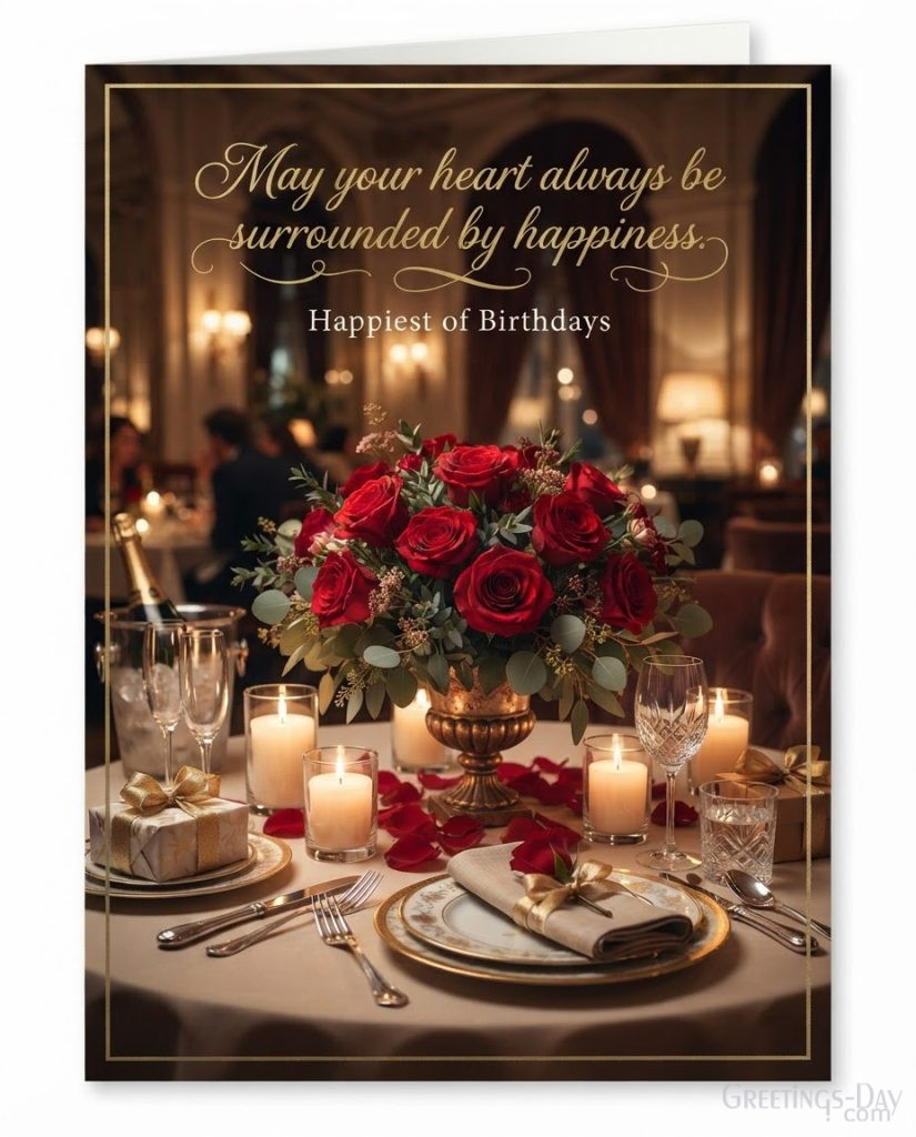 Elegant Birthday greeting card with roses and fairy lights displaying 