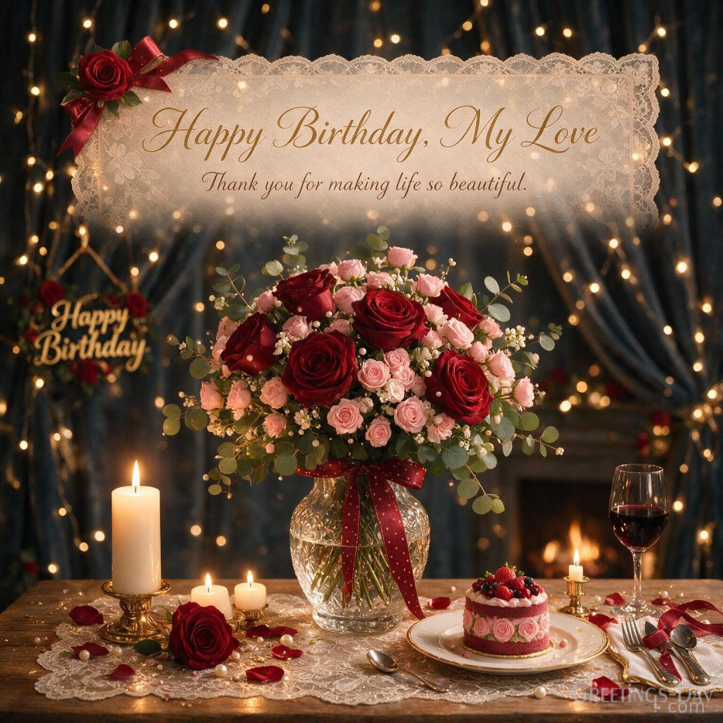 Romantic Happy Birthday greeting card with candlelight dinner saying 