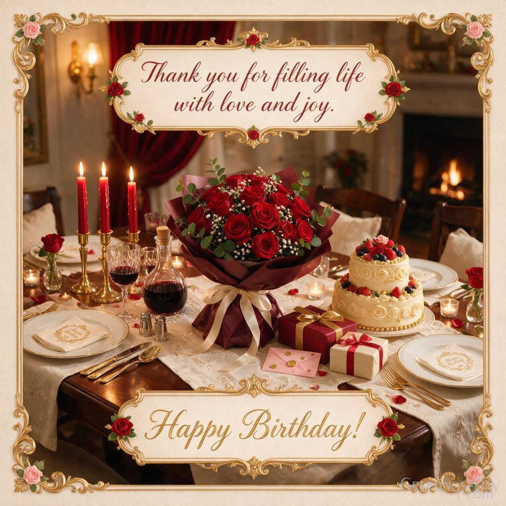 Luxury Happy Birthday card with romantic dinner setting saying 