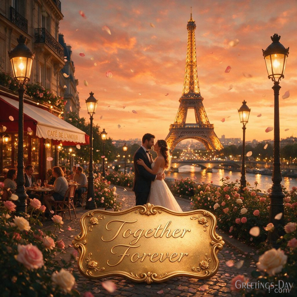 Luxury Marriage Anniversary Image with Paris sunset featuring Together Forever greeting card