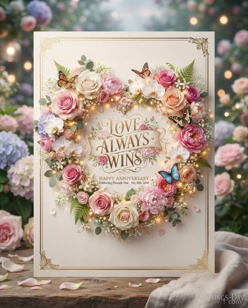 Elegant Wedding Anniversary Card with floral heart featuring Happy Wedding Anniversary greeting