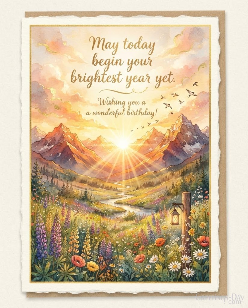 Inspirational Happy Birthday card with sunrise over mountains and flowers featuring 