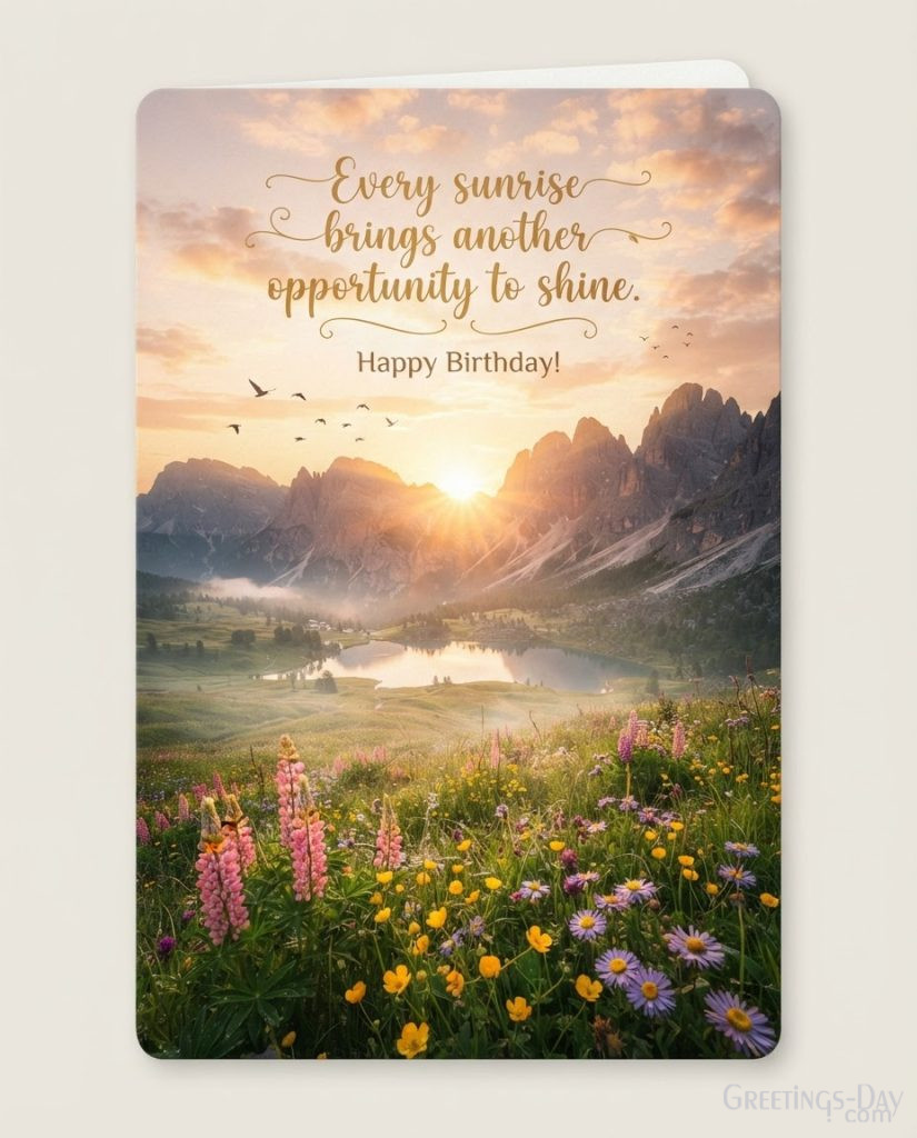 Beautiful Birthday Blessings image with flowers and sunrise displaying 