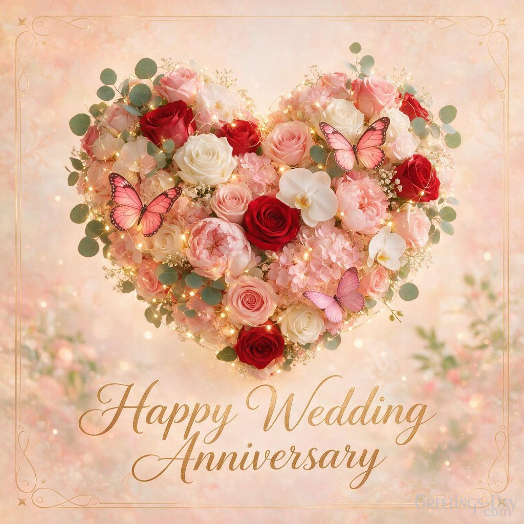 Romantic Wedding Anniversary Image with luxury roses displaying Love Always Wins anniversary message
