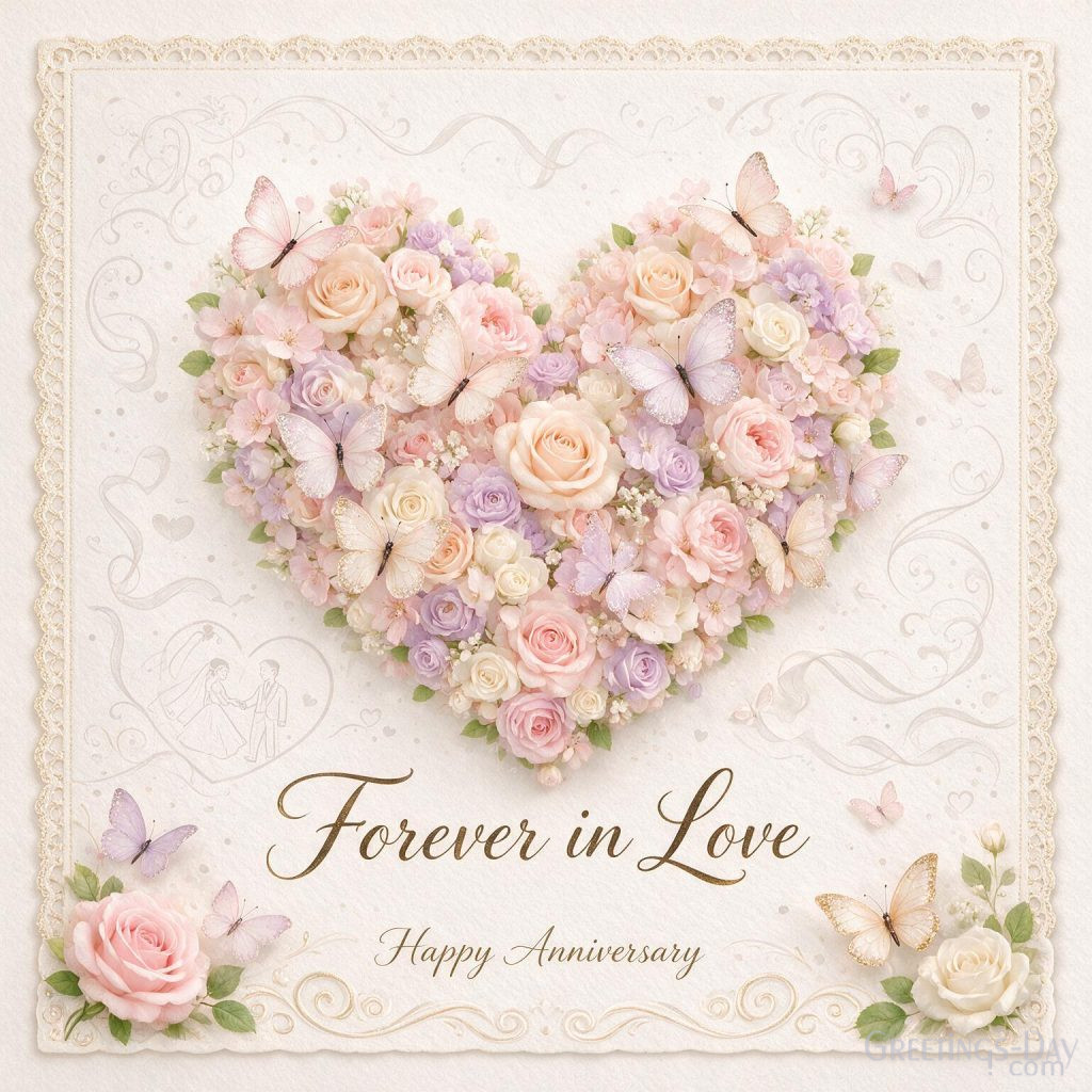 Beautiful Wedding Anniversary Picture with floral heart design and Forever in Love romantic greeting