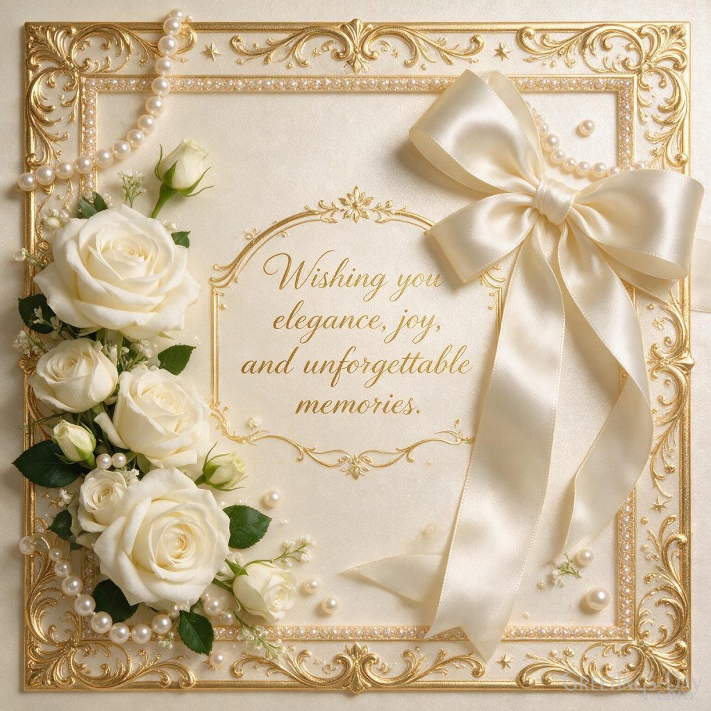 Elegant Happy Birthday Wishes card with white roses and pearls featuring 
