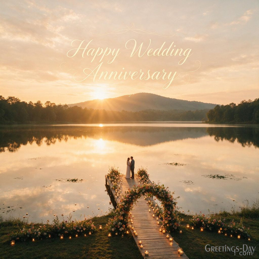Romantic Wedding Anniversary Images with lake sunrise featuring Happy Wedding Anniversary greeting for couples