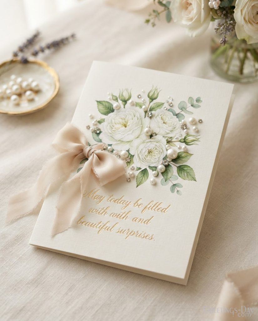 Luxury Birthday greeting card with white roses and silk ribbons displaying 