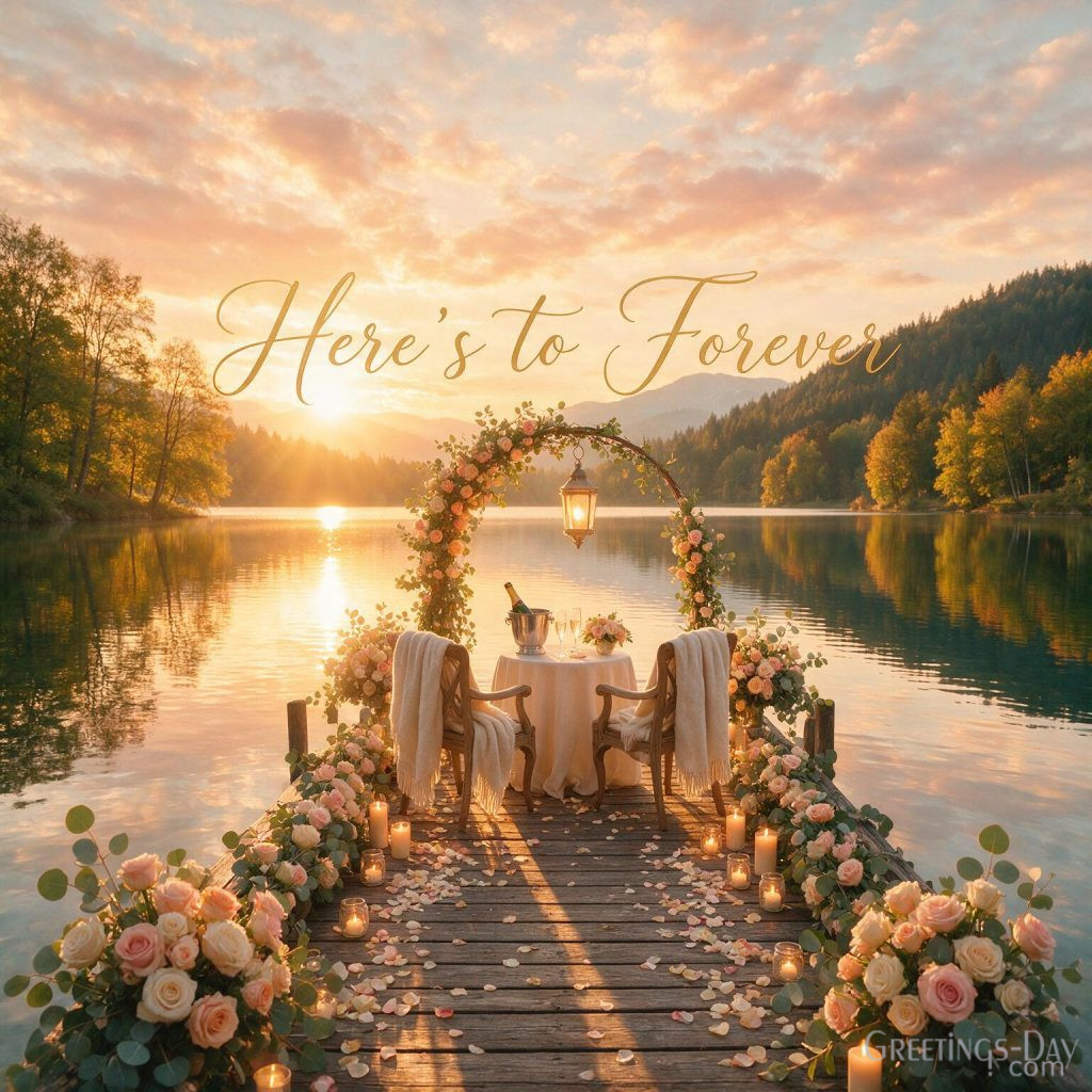 Luxury Marriage Anniversary Image with roses and lanterns featuring Here's to Forever anniversary wish