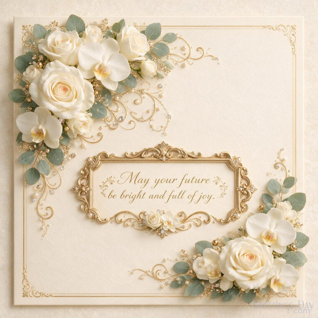 Premium Happy Birthday card with white flowers and crystal accents saying 