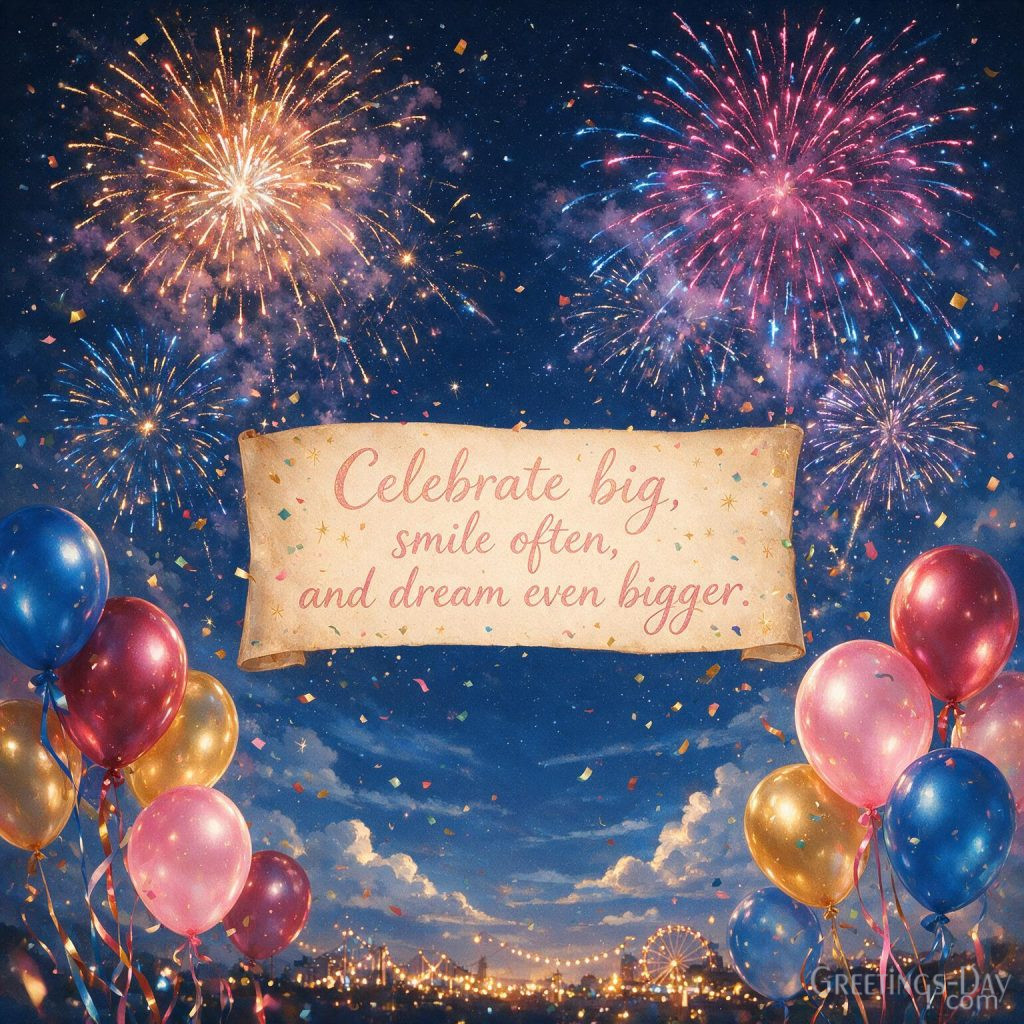 Happy Birthday card with colorful fireworks, balloons, and confetti featuring 
