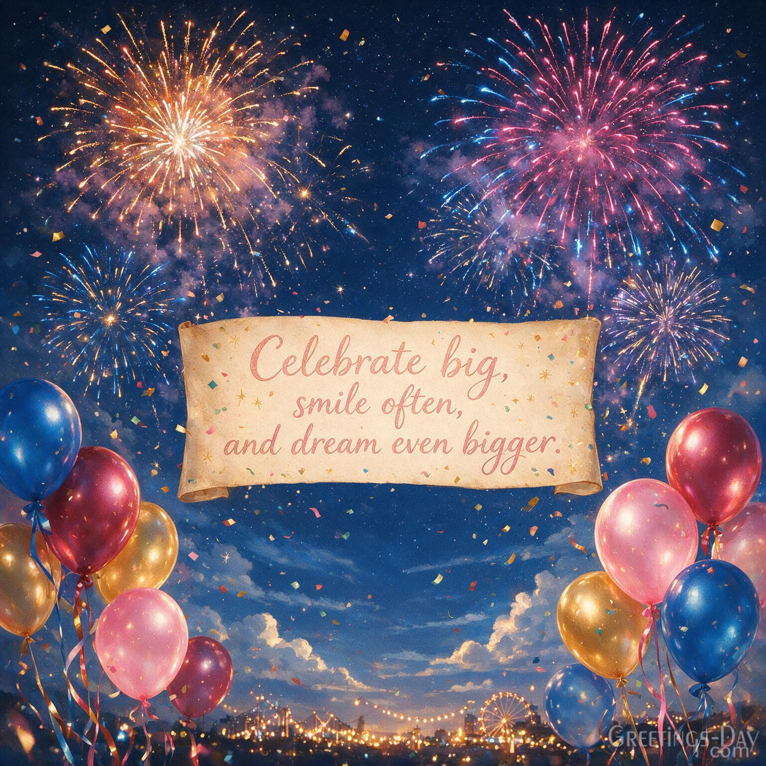Happy Birthday card with colorful fireworks, balloons, and confetti featuring "Happy Birthday. Celebrate big, smile often, and dream even bigger."
