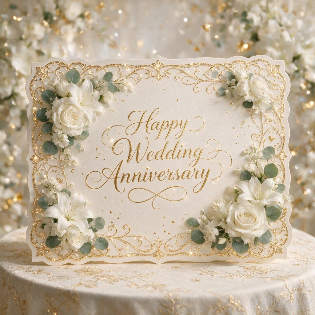 Luxury Wedding Anniversary Card with white roses and gold accents featuring Happy Wedding Anniversary greeting
