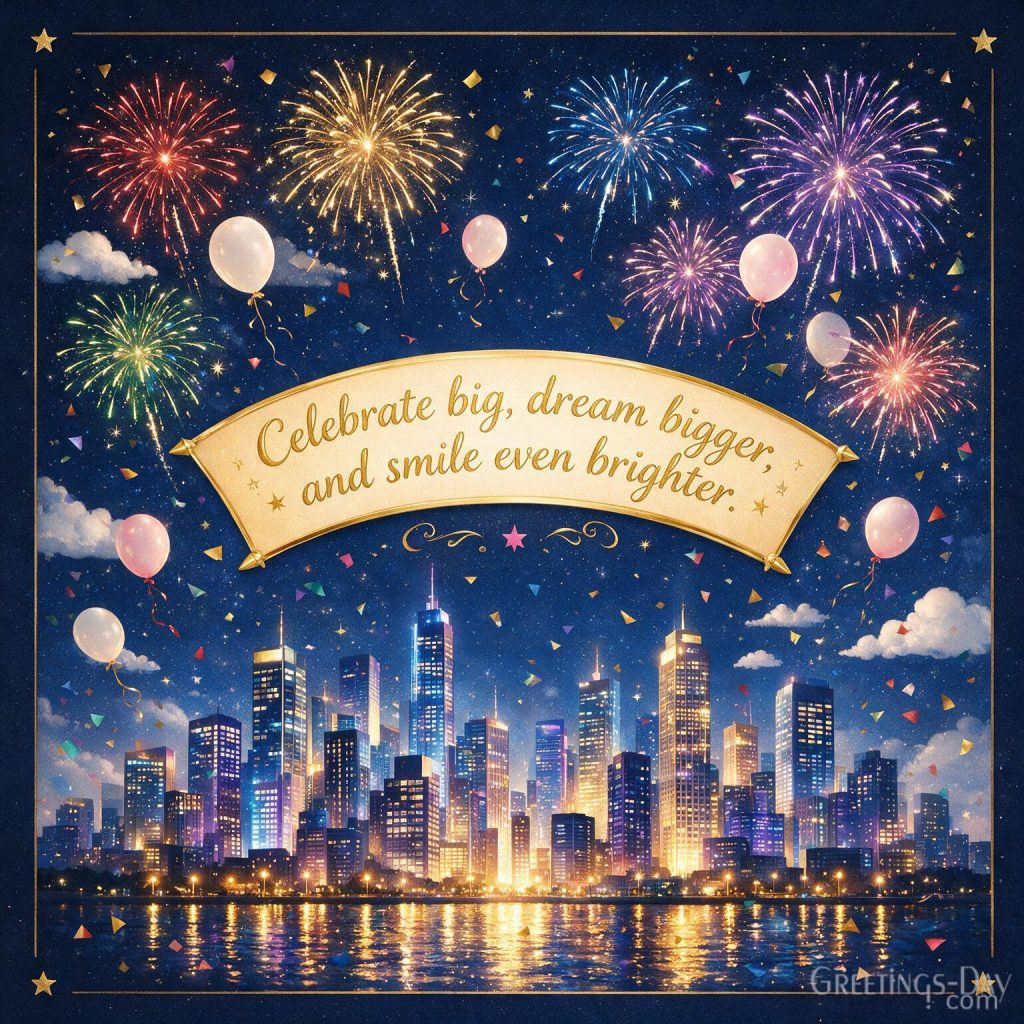 Happy Birthday Wishes card with colorful fireworks and balloons featuring 