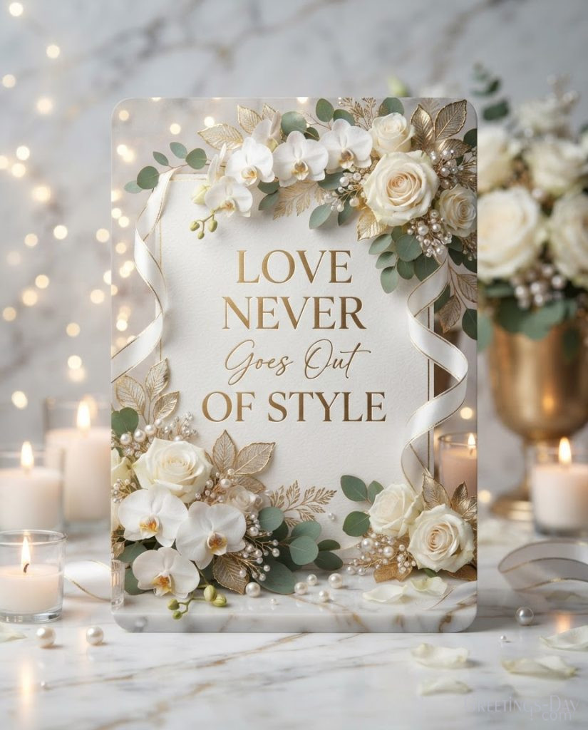 Elegant Wedding Anniversary Image with orchids and pearls displaying Love Never Goes Out of Style anniversary message