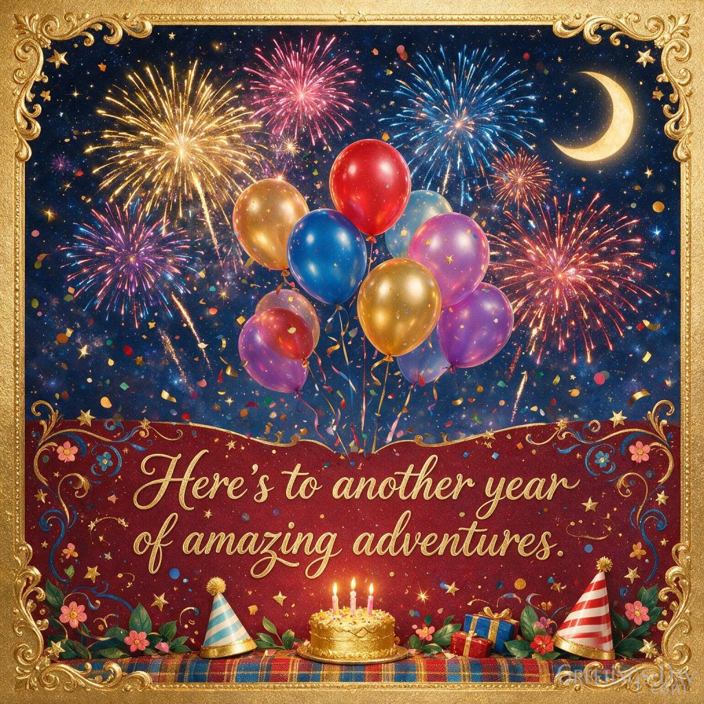 Spectacular Happy Birthday greeting card with fireworks and celebration lights saying 