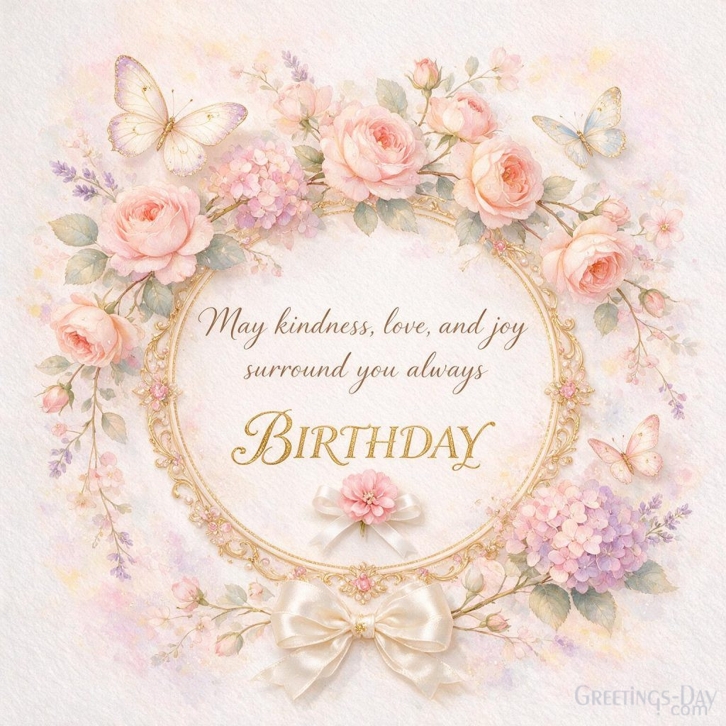 Watercolor Happy Birthday card with blooming flowers and butterflies featuring