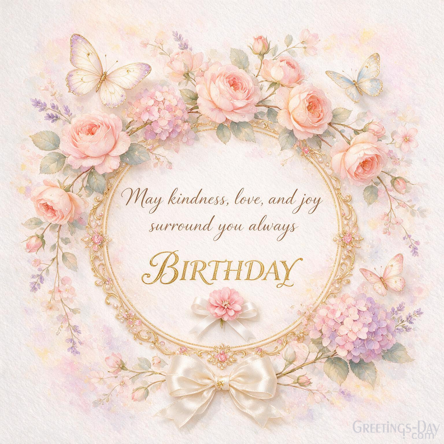 Watercolor Happy Birthday card with blooming flowers and butterflies featuring "Happy Birthday. May kindness, love, and joy surround you always."