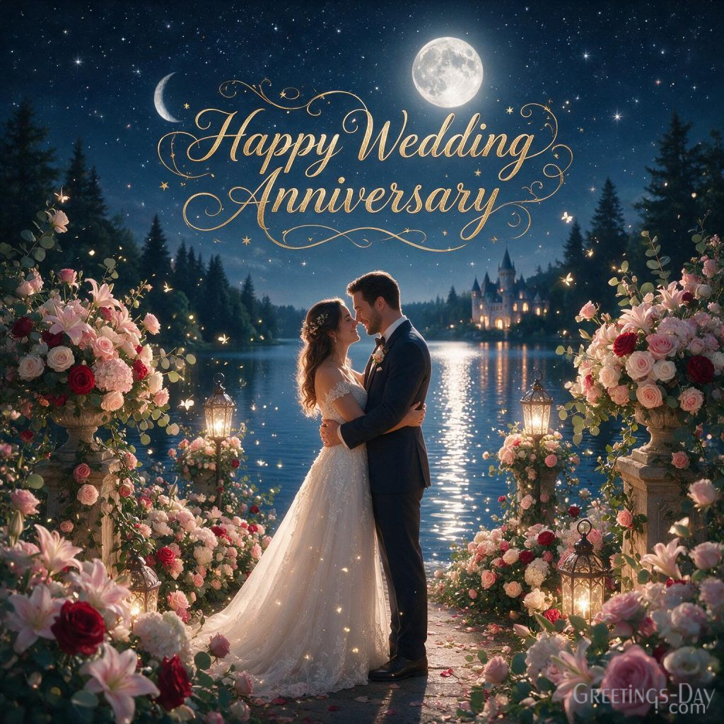 Romantic Wedding Anniversary Images beneath the moonlight featuring Happy Wedding Anniversary greeting