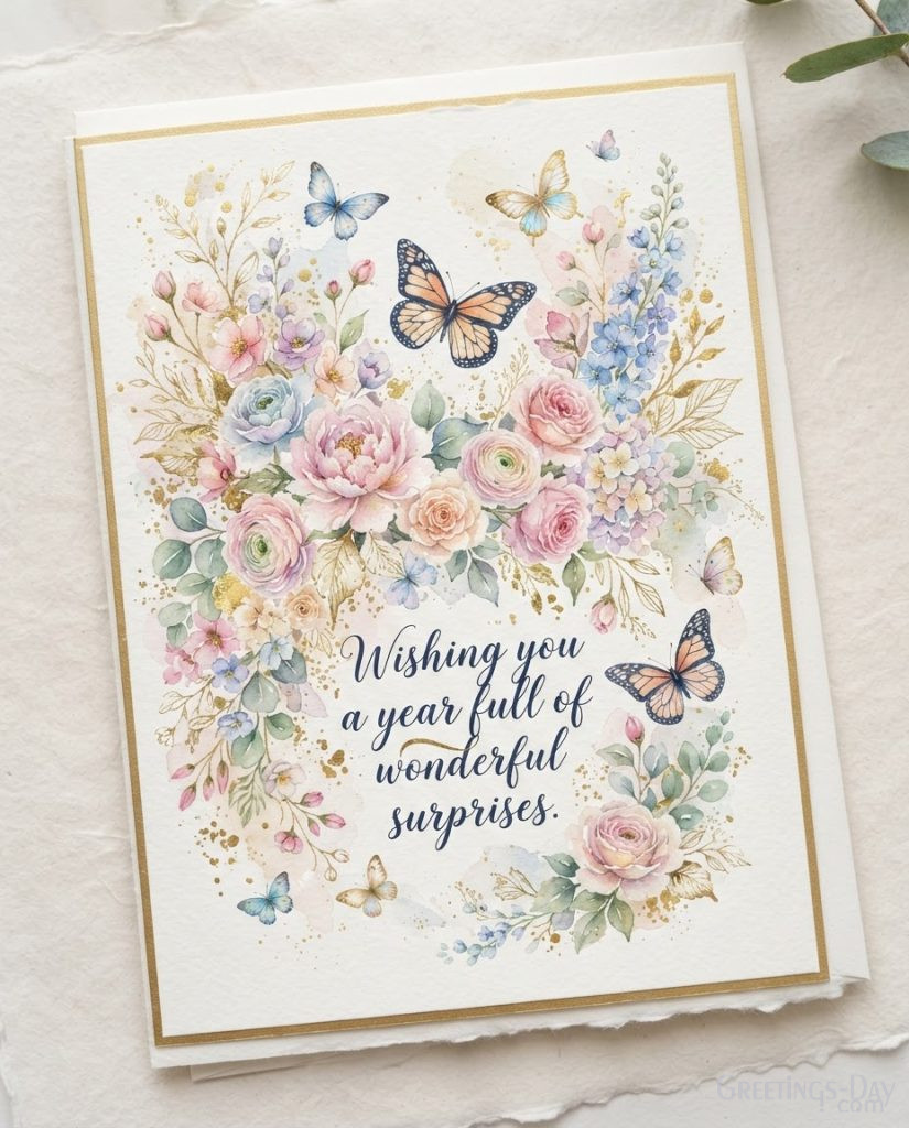 Artistic Birthday Wishes greeting card with pastel flowers and gold accents displaying