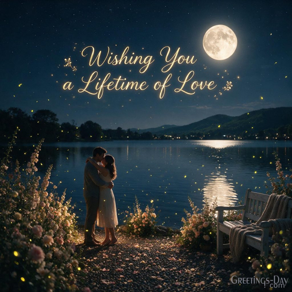 Elegant Marriage Anniversary Image with moonlit lake featuring Wishing You a Lifetime of Love wedding anniversary greeting