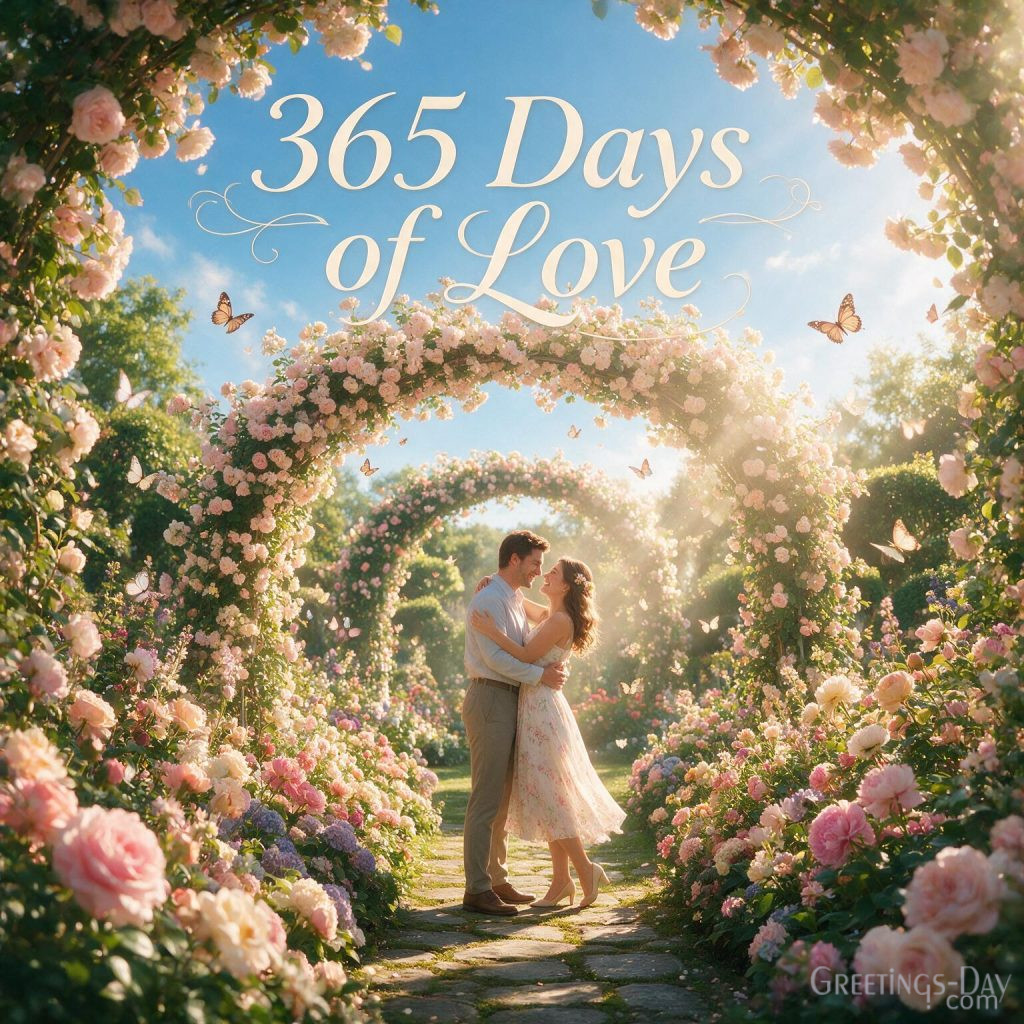 Elegant 365 Days of Love first anniversary image featuring a couple embracing in a colorful floral garden.