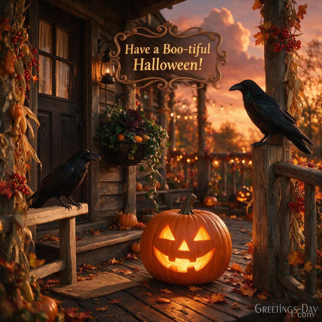 Boo-tiful Halloween image with carved pumpkin, warm candlelight, fall foliage, and festive Halloween decorations