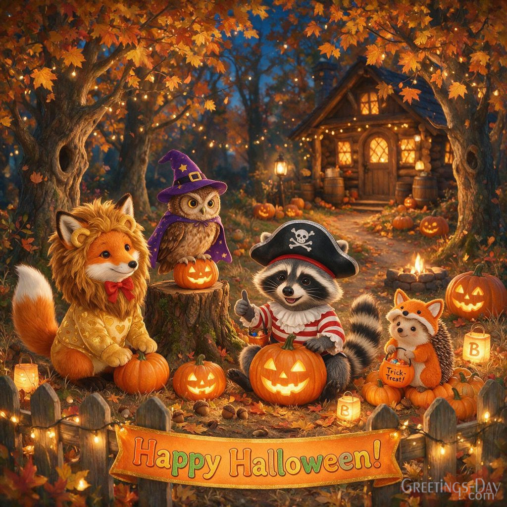 Cute Halloween image featuring woodland animals in Halloween costumes surrounded by pumpkins and autumn leaves