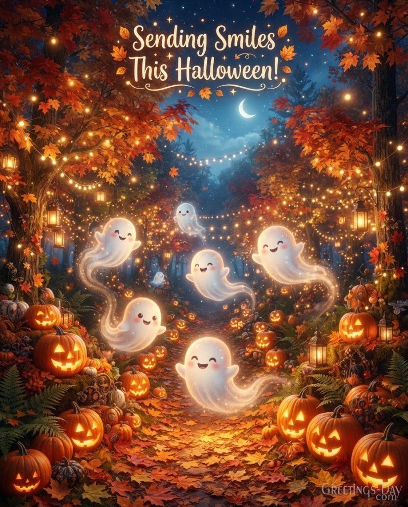 Cute Halloween image with smiling ghosts, glowing pumpkins, fairy lights, and magical autumn forest background