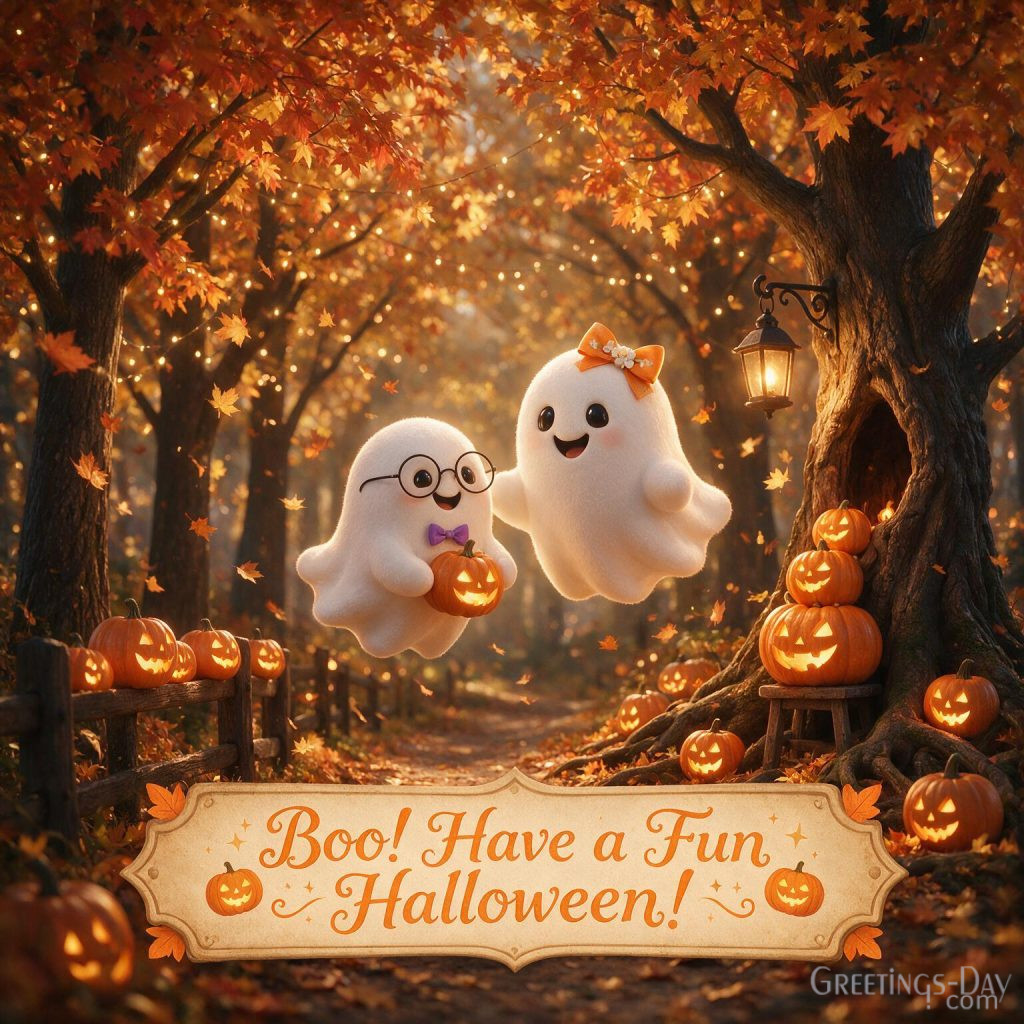 Fun Halloween image with cute ghosts, glowing jack-o'-lanterns, enchanted forest, and festive Halloween atmosphere