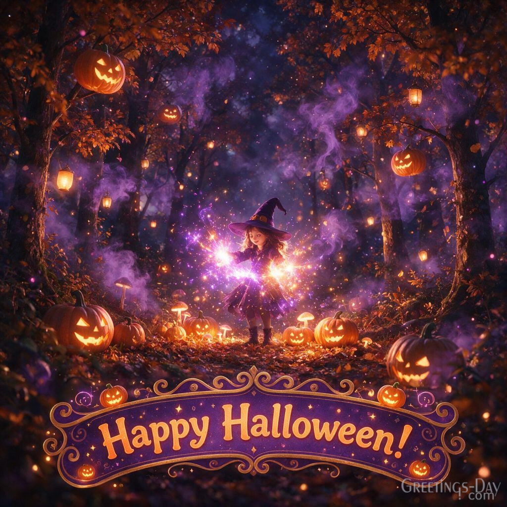 Halloween image featuring magical witch casting glowing spells in enchanted forest with pumpkins and lanterns
