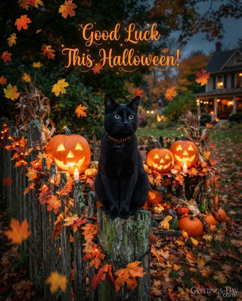 Halloween picture featuring elegant black cat, jack-o'-lanterns, lantern light, and cozy fall atmosphere