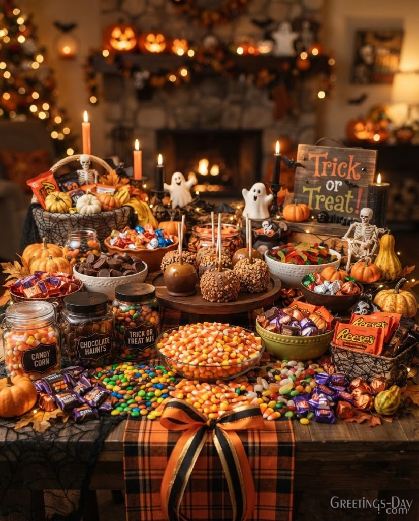 Halloween picture featuring trick or treat candy table with pumpkins, candles, and cozy Halloween celebration