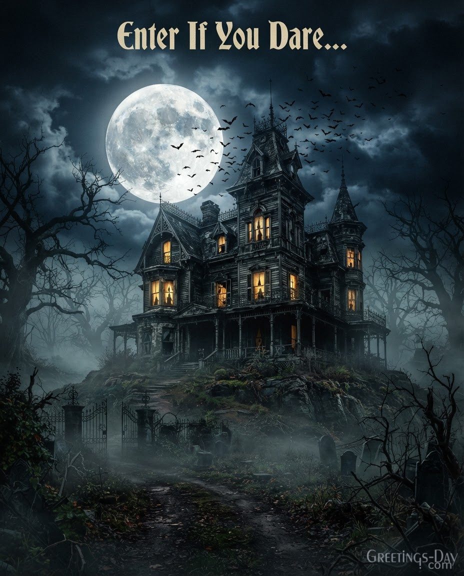 Enter If You Dare… | Spooky Haunted Mansion Halloween Greeting
