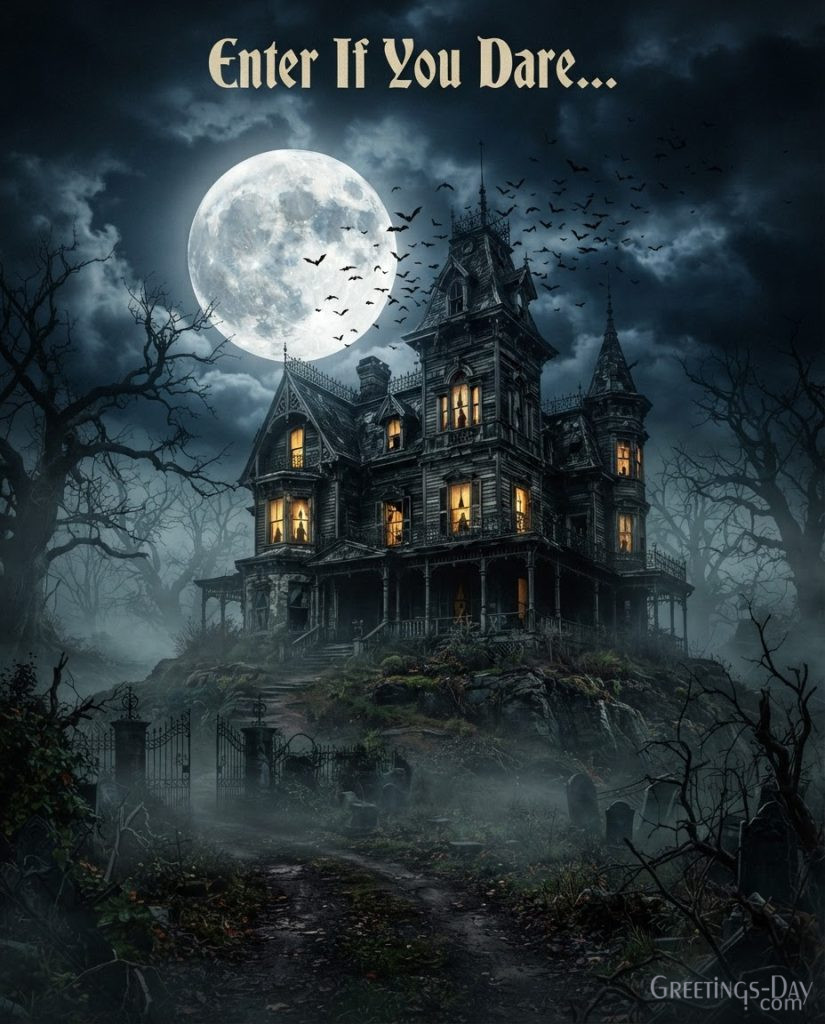 Halloween picture of creepy haunted mansion surrounded by mist, glowing windows, and flying bats under the moon