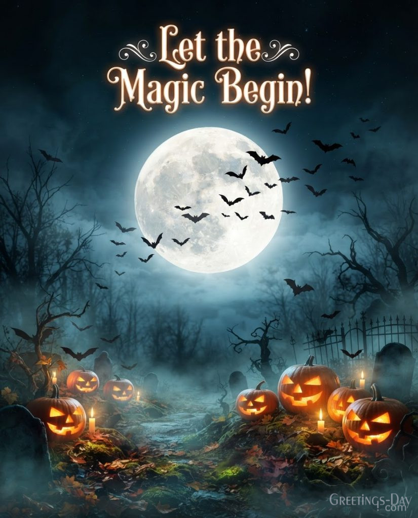 Halloween picture with dramatic moonlight, bats, foggy forest, and beautiful spooky Halloween scenery