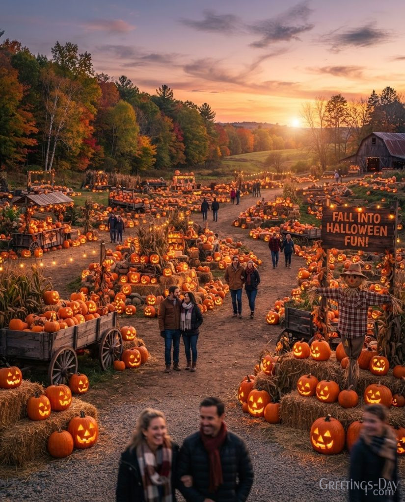 Halloween picture with endless jack-o'-lanterns, colorful pumpkins, harvest farm, and cozy autumn landscape